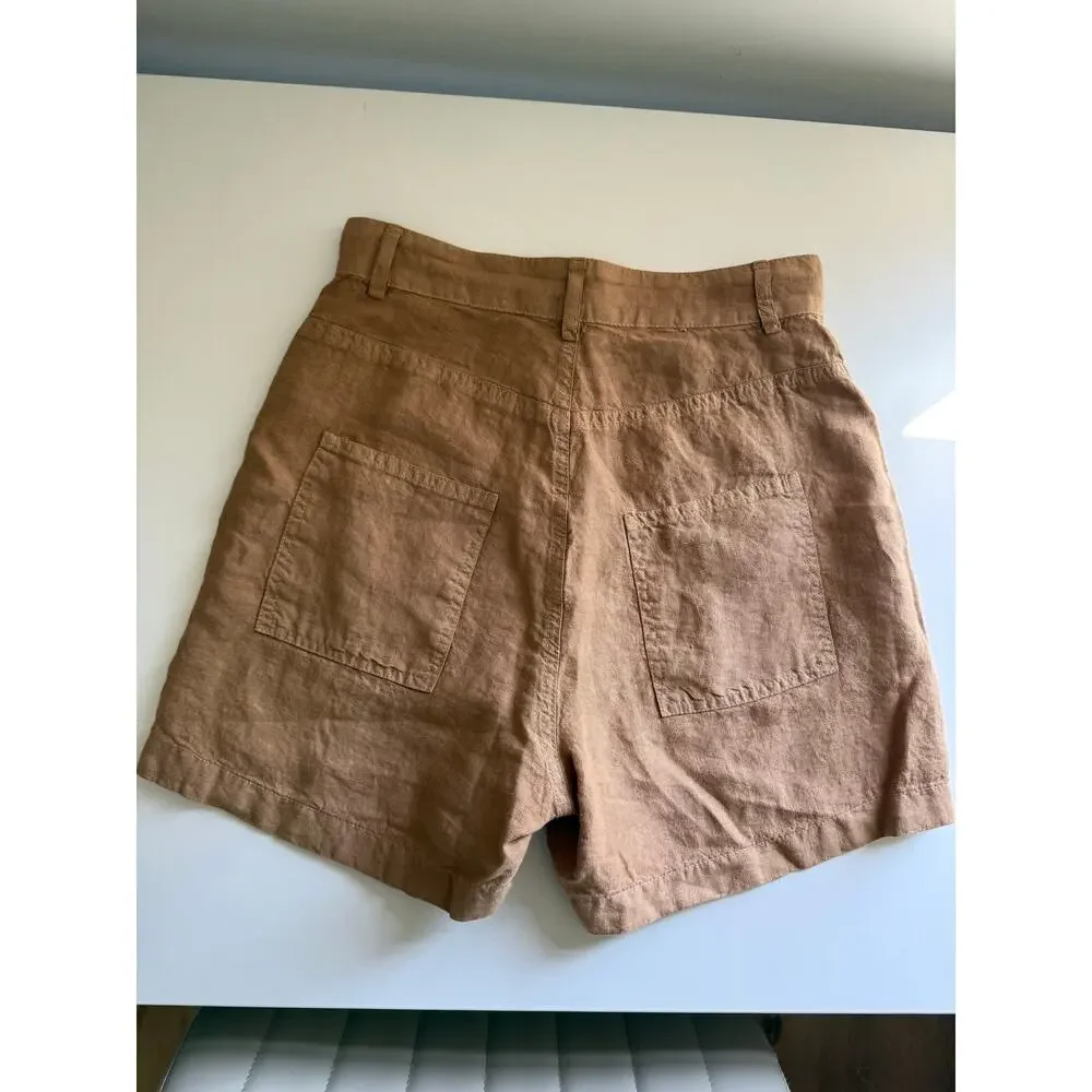 $195 Enza Costa Linen High Waisted Shorts - Italian Clay - 0